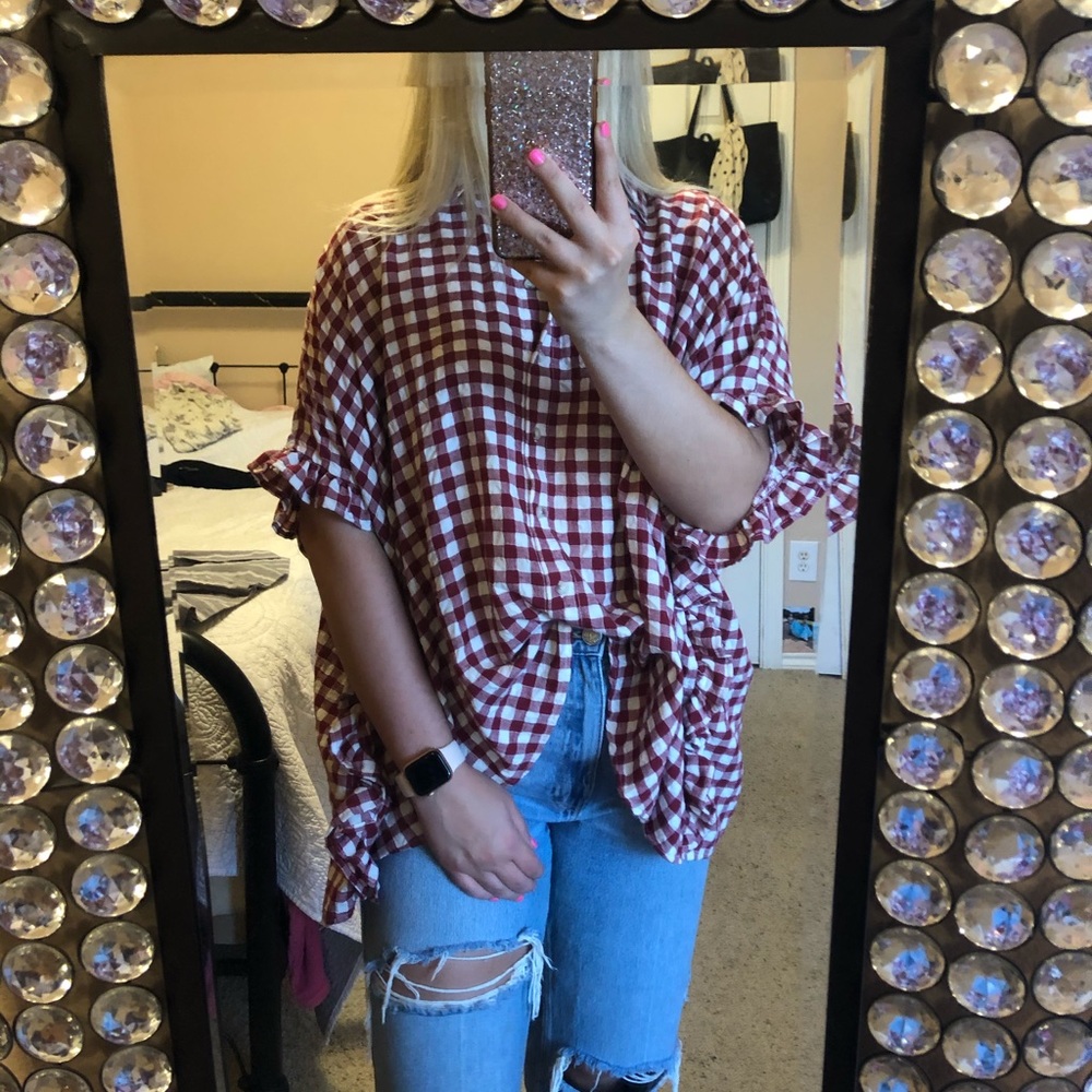 Red and white checkered print tunic buttoned down